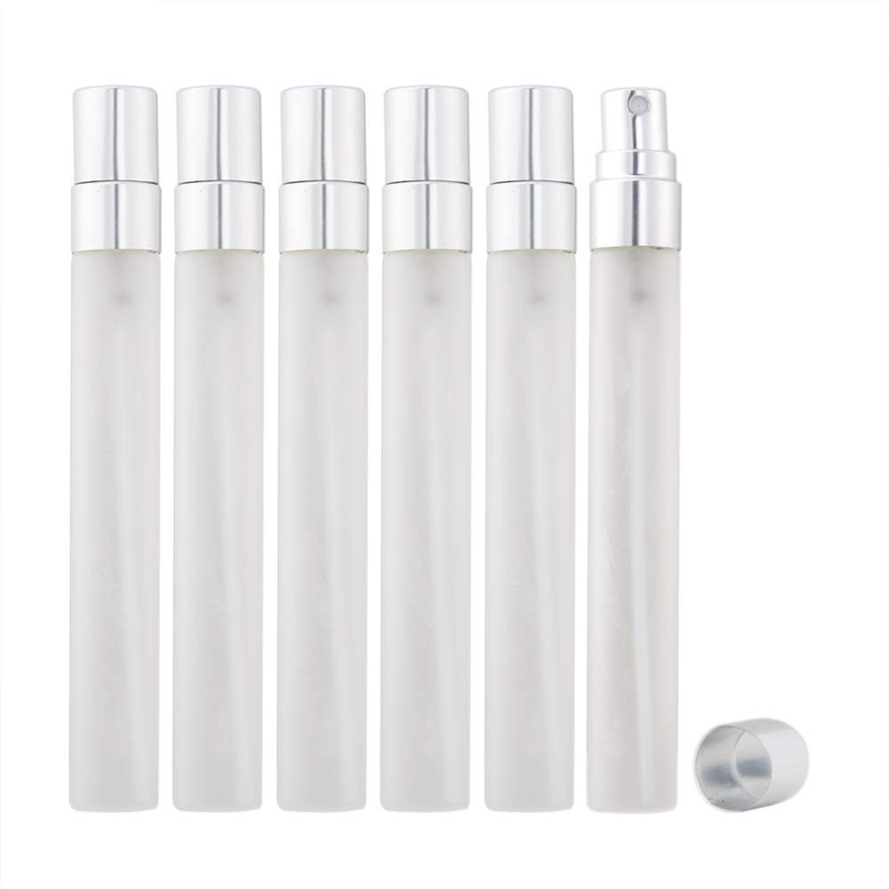Enslz 10Ml Mini Frosted Spray Bottles Refillable Fragrance Perfume Scent Bottle Empty Glass Atomizer For Travel 10 Pcs (Silver)