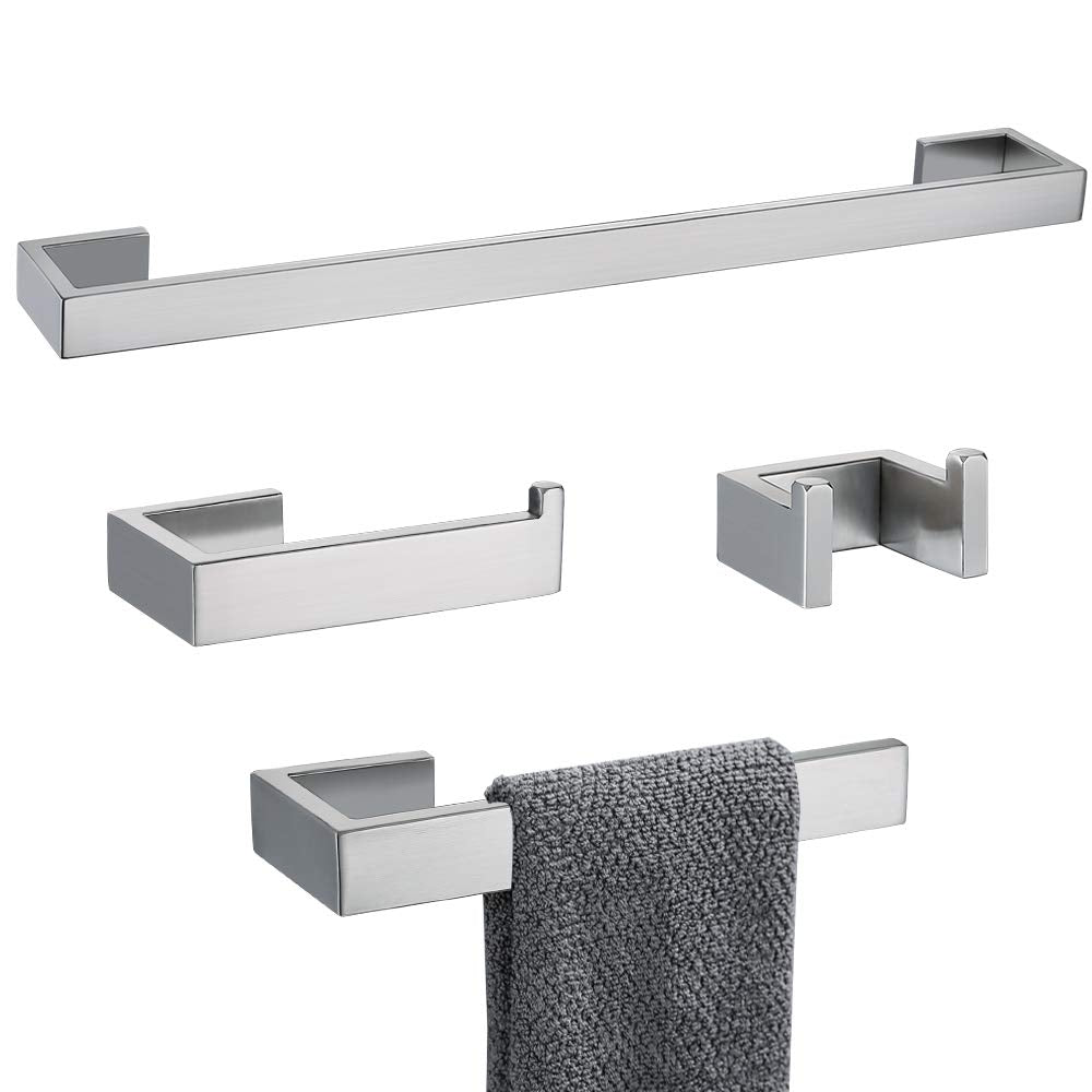 TNOMS 4 Pieces Bathroom Hardware Accessories Set Towel Bar Towel Holder Robe Hook Toilet Paper Holder Stainless Steel Q8-P4BR