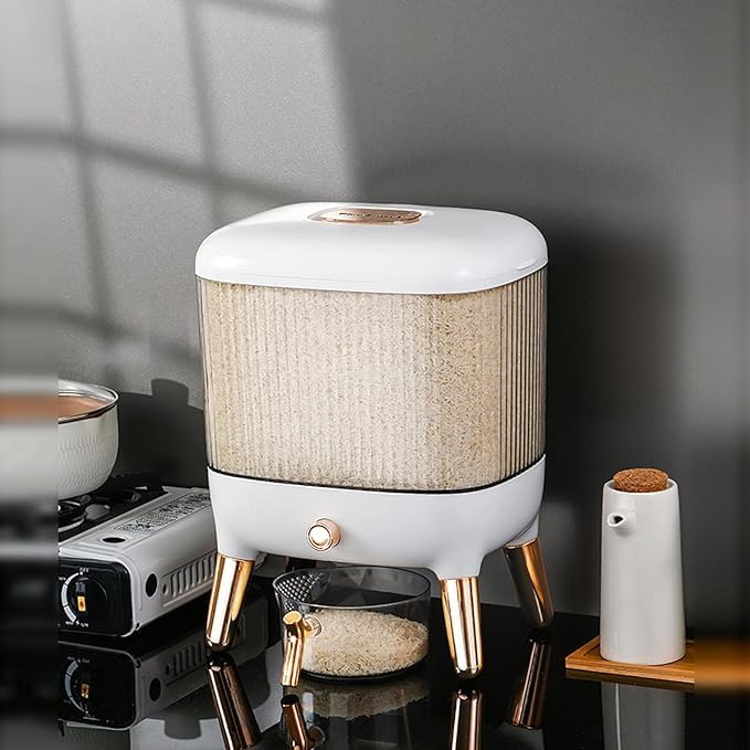 Blurism Pack Of 1 Elegant White With Gold Plated Design Rice Food Dispense Flour Bean Cereal Bucket Automatic Dry Food Dispenser