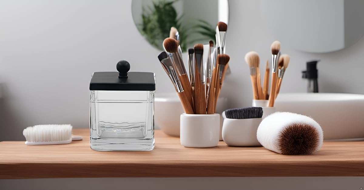 Indecor Home H Halston Apothecary Glass Cotton Jar Holder For Qtips, Cotton Balls, Floss, Storage Canister ,Bathroom Organizatio