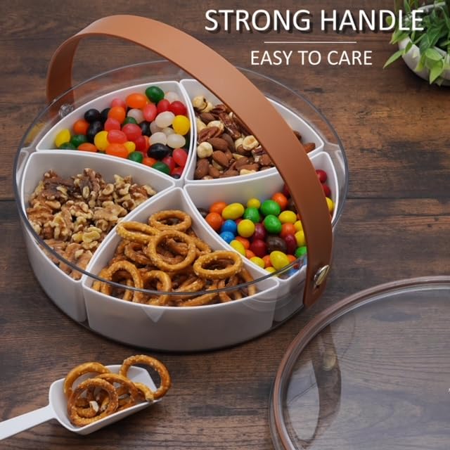 Divided Snack Tray With Lid, Serving Tray With Handle, 5 Compartments, Mini-Scooper Included,Storage Container For Nuts, Candy,