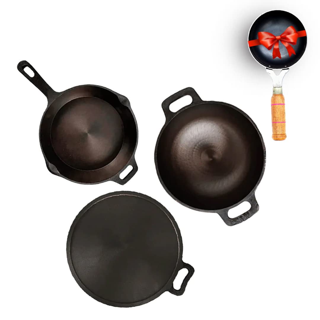 The Indus Valley Super Smooth Cast Iron Cookware Set + Free Tadka Pan | Tawa (30.5 Cm)+Kadai (25.4Cm/2.5L) +Fry Pan (25.4Cm/1.7L