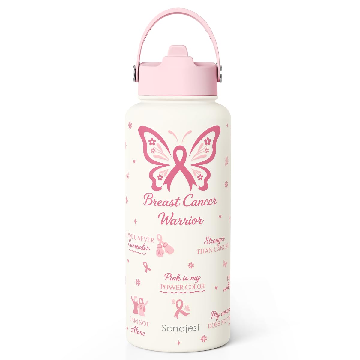 Breast Cancer Awareness Stainless Steel Water Bottle 32 Ounces with Lid & Straw, Sport Insulated Bottles for Girls Women