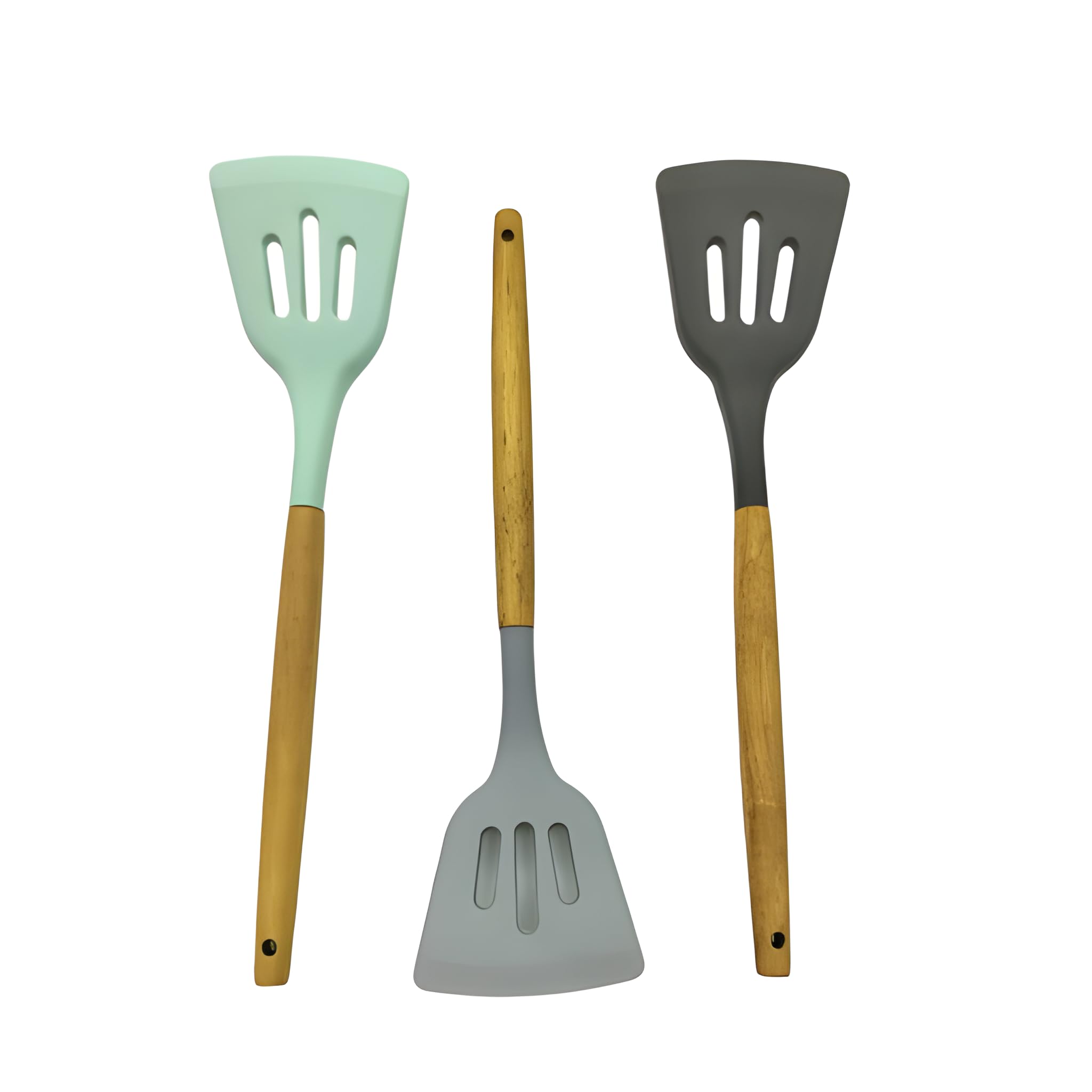 Lemon Tree Silicone Slotted Turner Spatula Set | Wooden Handle Nonstick Kitchen Utensils | Heat Resistant Cooking Tools For Fish