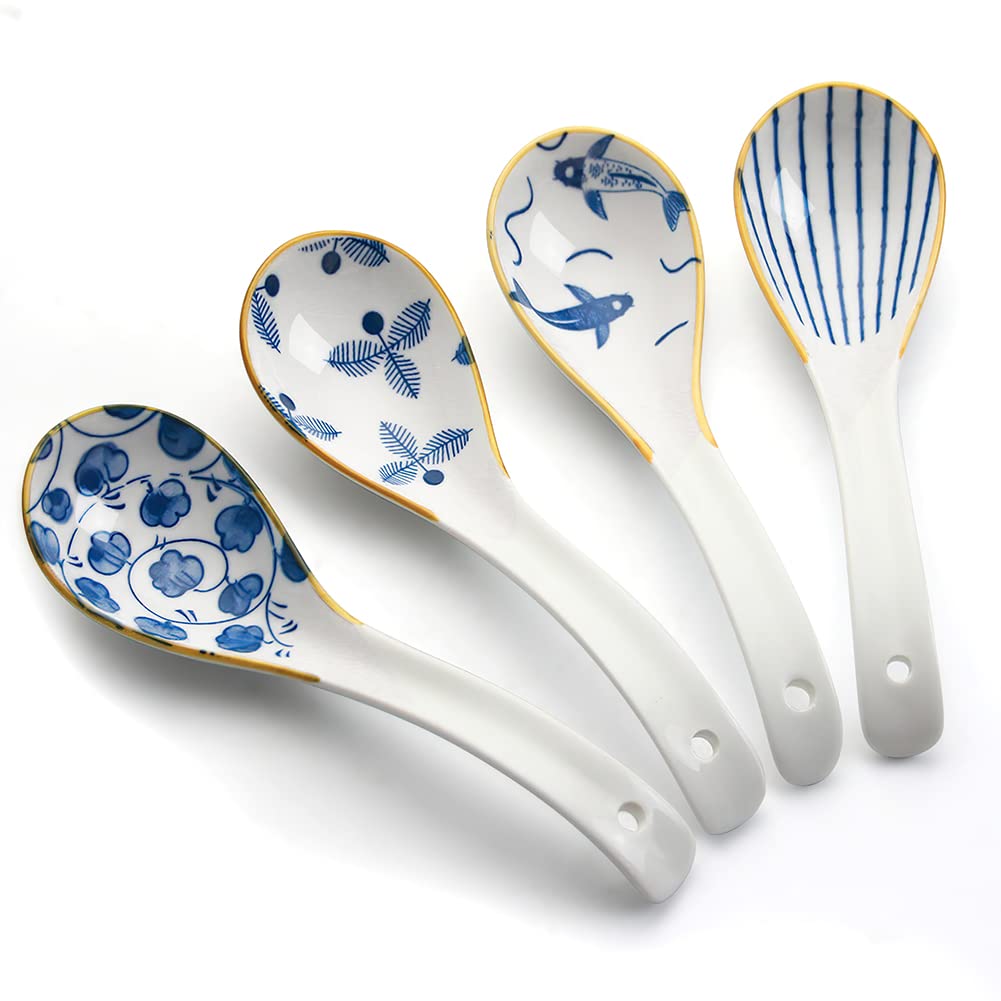 IQCWOOD Ceramic Asian Soup Spoons with Non-Slip Hook, Perfect for Ramen, Pho, Miso Soup & Wontons, Gifts for Food Lovers Friends