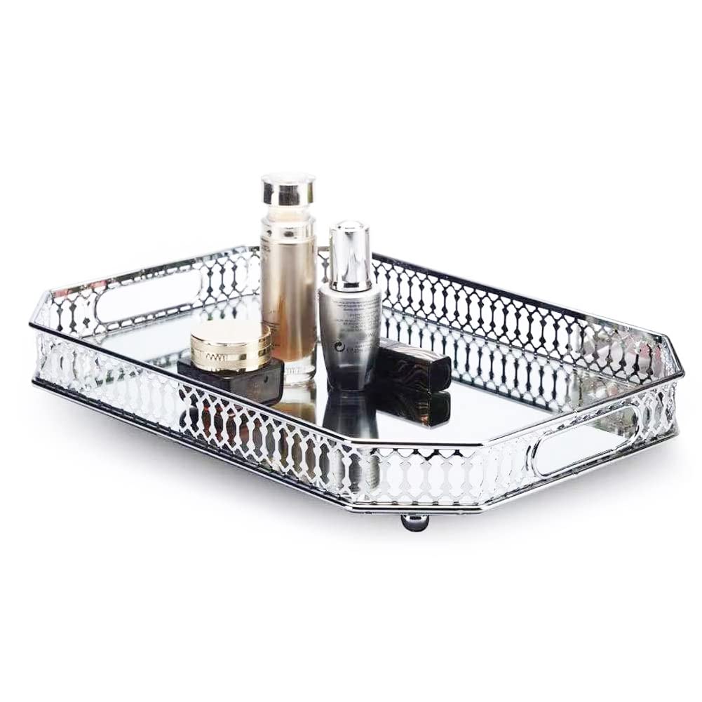 Perfume Tray, Mirror Tray, Vanity Decorative Tray With Rectangle Metal For Dresser Bedroom Countertop Organizer, Large Size 13.8