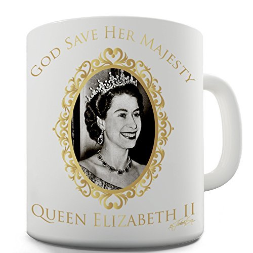 TWISTED ENVY Ceramic Novelty Mug for Coffee and Tea - God Bless Queen Elizabeth II Prints Cup - Funny Gifts for Home and Office,