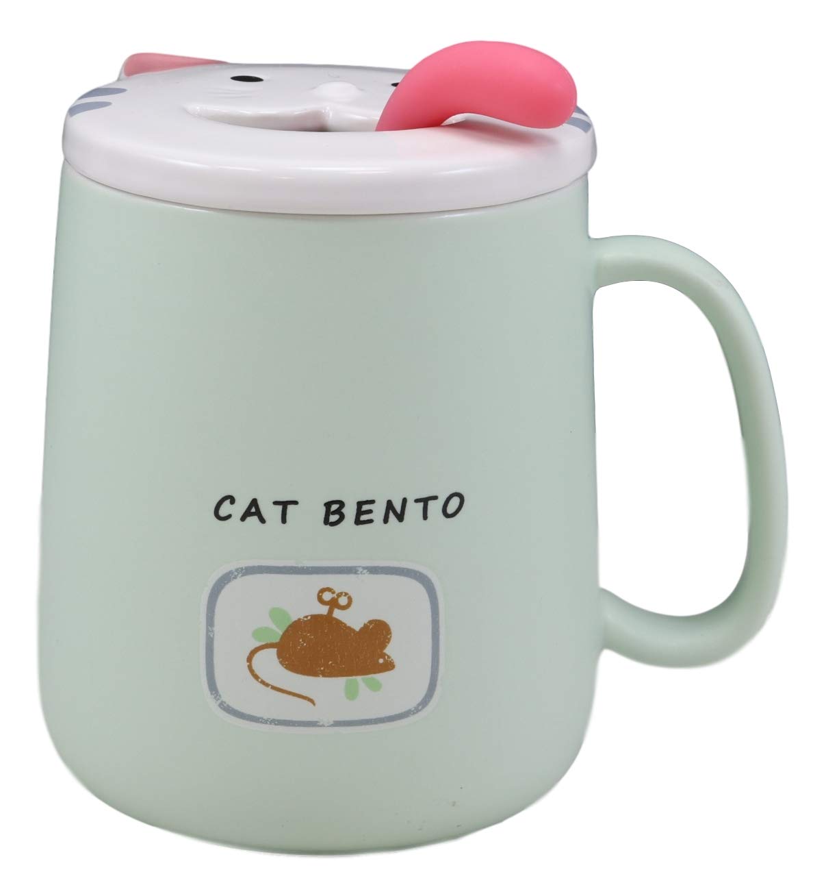Ebros Whimsical Kitty Cat Bento Porcelain Coffee Tea Mug Drink Cup With Tongue Shaped Handle Spoon And Smiling Face Lid 14oz Kit