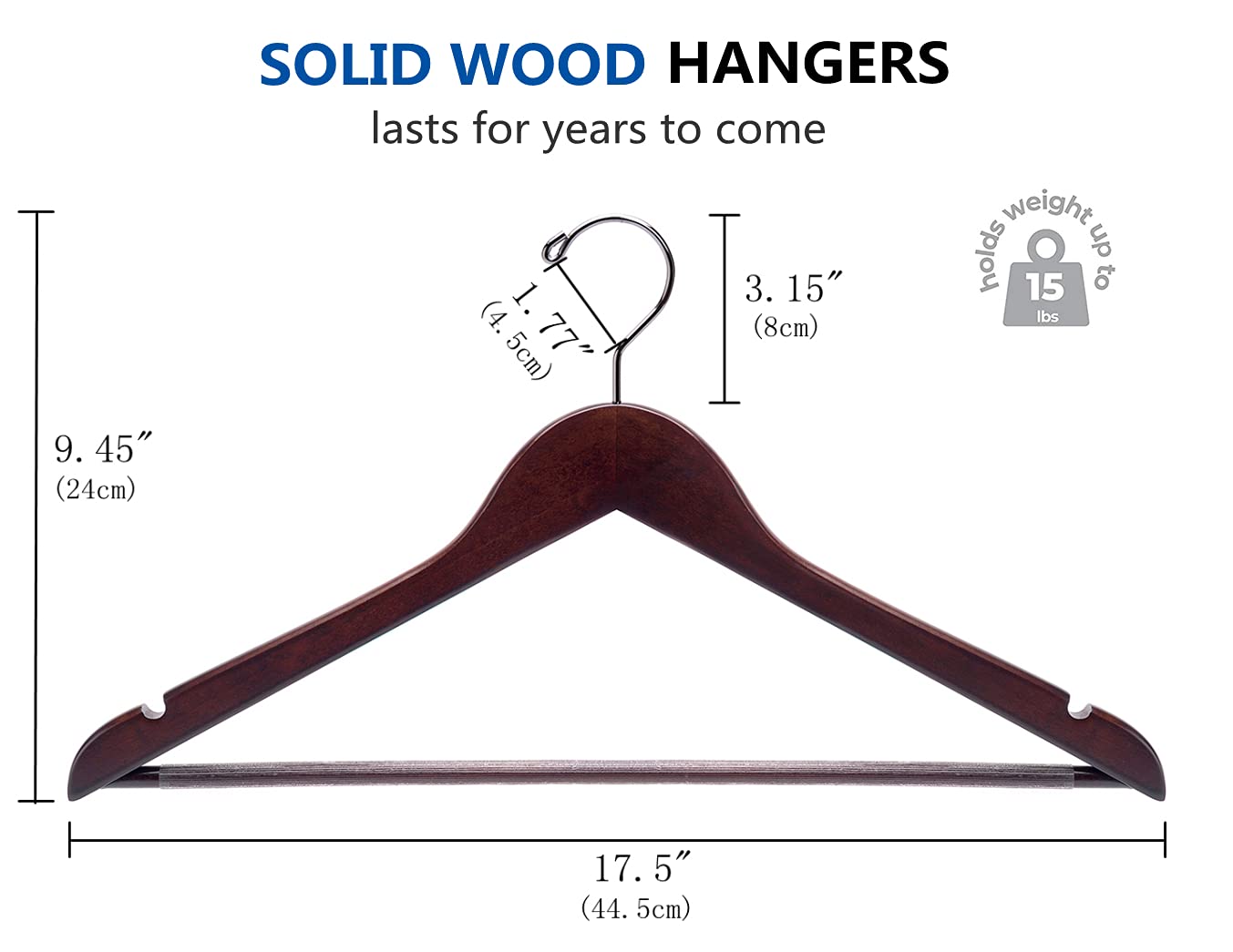 Amber Home Solid Wood Suit Coat Hangers 20 Pack  Smooth Walnut Finish Wooden Dress Hangers with Non Slip Pant Bar  Clothes Hangers with 360 Swivel Hook & Notches for Jacket  Pant  Shirt (Walnut  20)