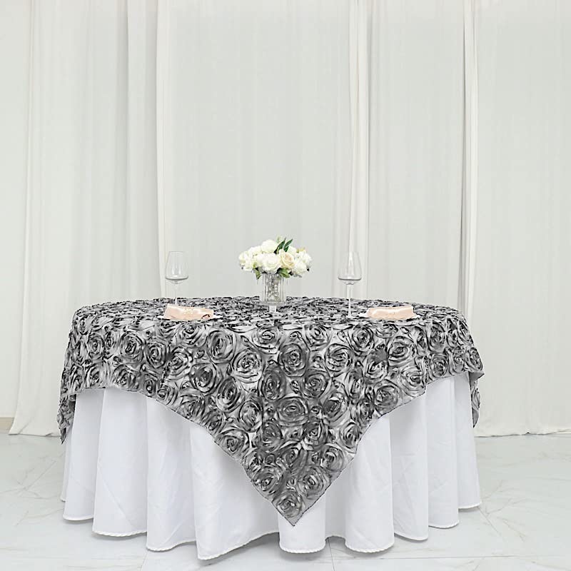 Balsacircle 72X72-Inch Silver Raised Roses Table Overlays - Wedding Reception Party Catering Table Linens Decorations