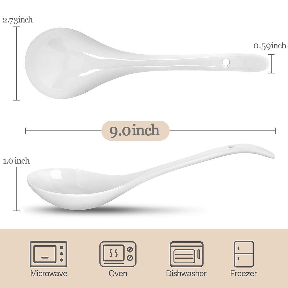 Artena Large Soup Spoons Set Of 4, 9 Inch White Ceramic Serving Spoons, Asian Soup Spoons, Ramen Spoons, Chinese Soup Spoons, Ph