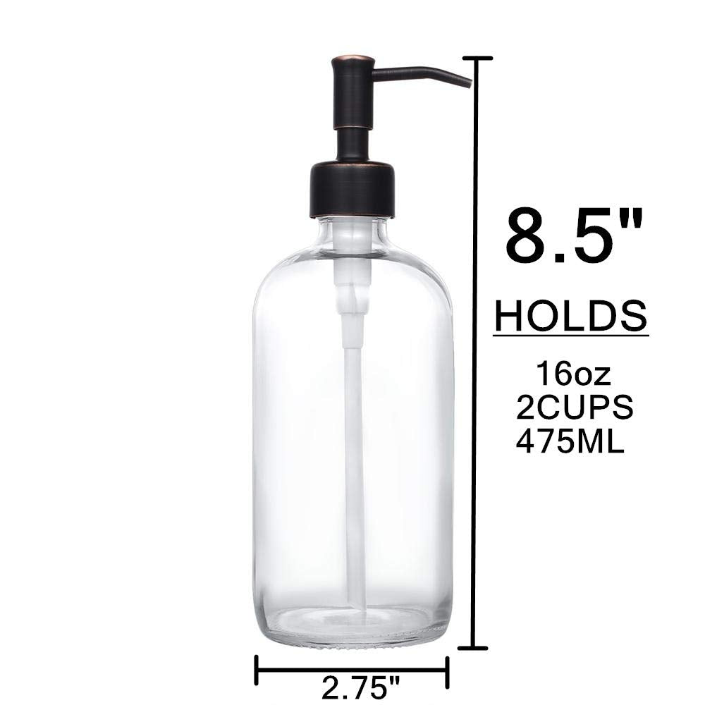 2 Pack Thick Clear Glass Pint Jar Soap Dispenser With Oil Rubbed Bronze Stainless Steel Pump, 16Ounce Clear Boston Round Bottles