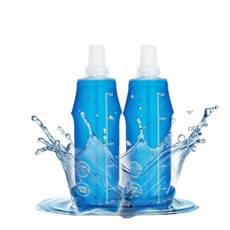 2 Pack Collapsible Water Bottle 500ml  BPAFree Foldable Soft Flask for Running, Hiking, Cycling, Jogging, Trail Running, Marat