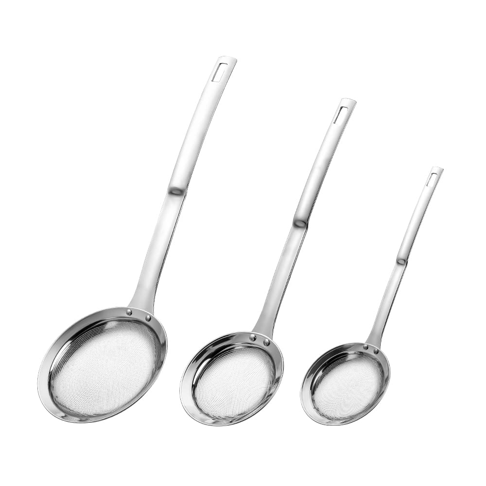 Hvanam Sieve Fine Mesh Strainer Set Stainless Steel Metal Flat Cooking Skimmer Ladle Colander With Handle Food Strainer Kitchen