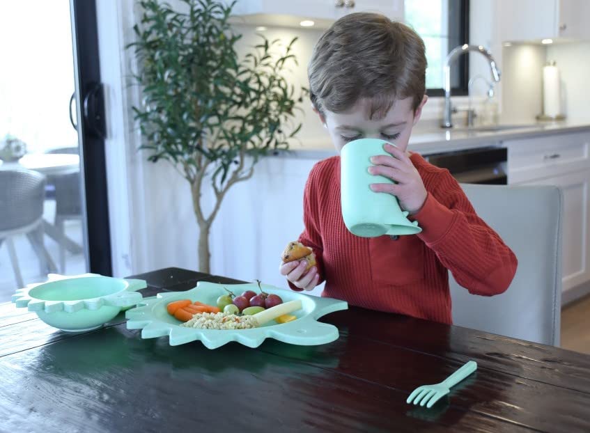 5 Piece Cellulose Feeding Meal Set, Plate, Bowl, Cup, Spoon & Fork - Eco-Friendly, Dishwasher & Microwave Safe (Dinosaur)