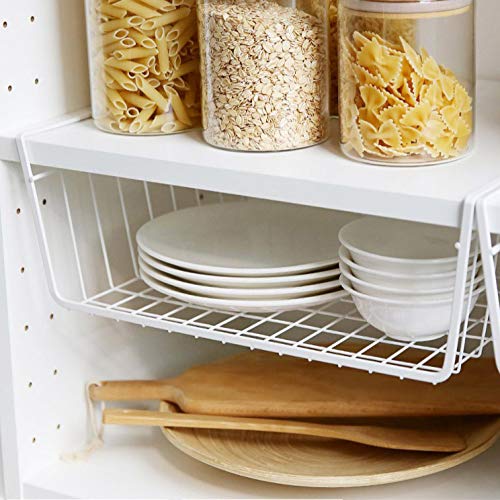 Tebery 2 Pack White Under Shelf Wire Basket Hanging Storage Baskets, Under Cabinet Add-On Storage Racks Slide-In Baskets Organiz