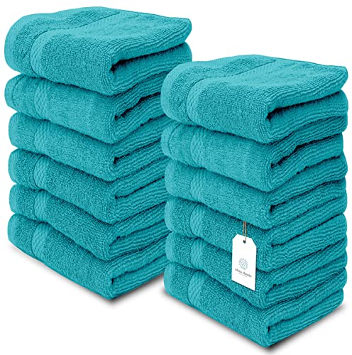 White Classic Luxury Cotton Washcloths - Face Towel Set | 12 Pack | Aqua
