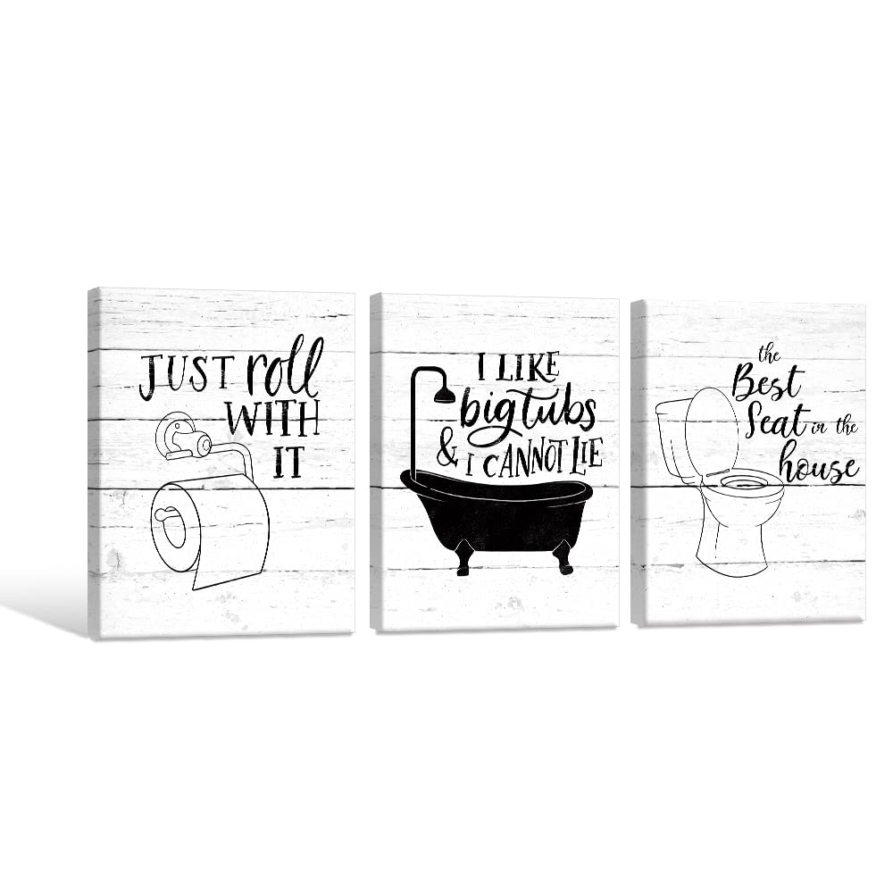 Funny Bathroom Canvas Wall Art Black And White Toilet Bathtub Bath Set Poster Print 3 Pieces Bathroom Quotes Painting Retro Wood