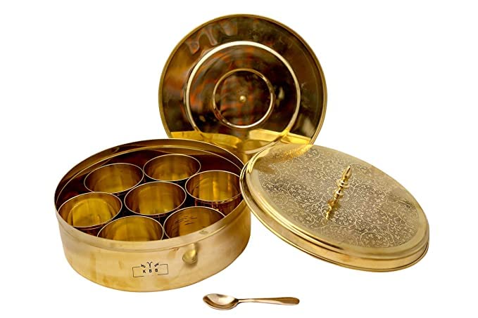 Kbb Pure Brass Masala Box Set With Brass Spoon Inner Plate |Brass Spice Box |Spice Container |Masala Dani |Masala Dani | Masala 