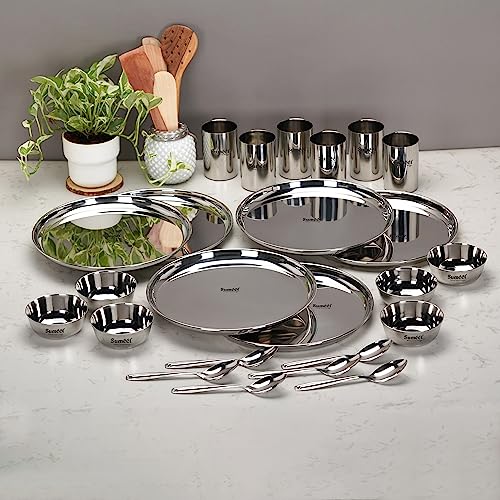 Sumeet Stainless Steel Solid Heavy Gauge Mirror Finish Dinner Set Of 24 Pcs (6 Plate  6 Bowl Wati  6 Glass  6 Spoon)  Silver