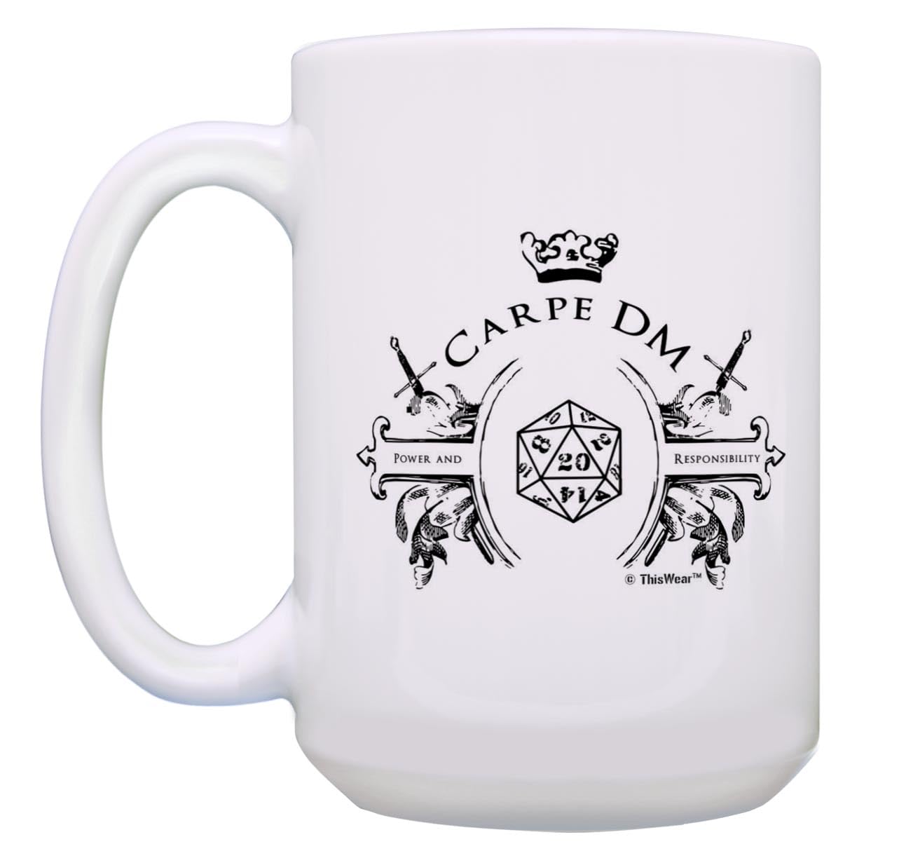Gaming Gifts Carpe DM Power and Responsibility D20 Dice Mug Crit Hit Natural 20 15-oz Mug Cup White