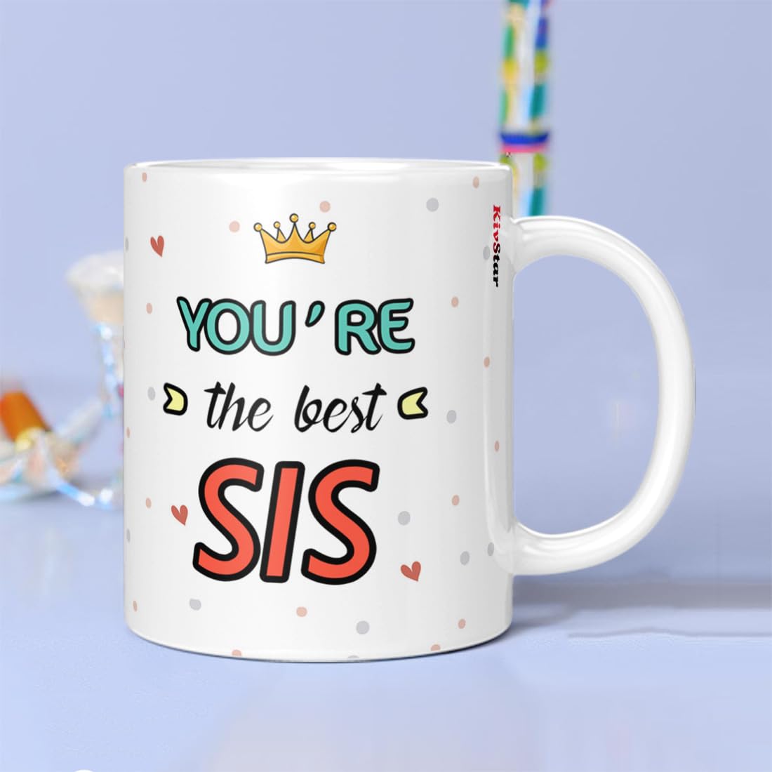 KivStar Rakhi for Brother & Sister with Printed Ceramic Mug and Keychain Combo |Pack of 5 (Greeting Card, Roli Chawal, Rakhi, Pr