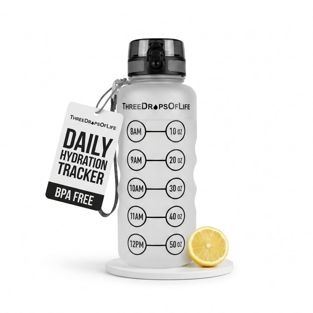 Three Drops of Life 50oz Hydration Tracker Sport Water Bottle  Frosted Clear Tritan With Time Marker, LeakResistant, Easy Flow