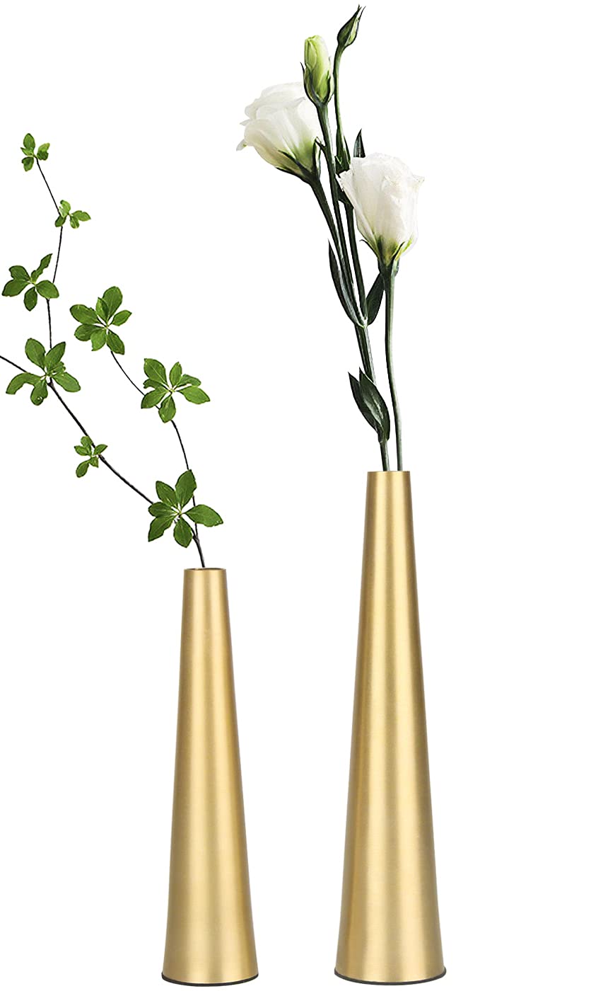 Vixdonos 10.5/8.5 inch Gold Metal Vase Small Dried Flower Vase Set of 2 Taper Vase for Wedding Table Centerpiece Decorations, Ho