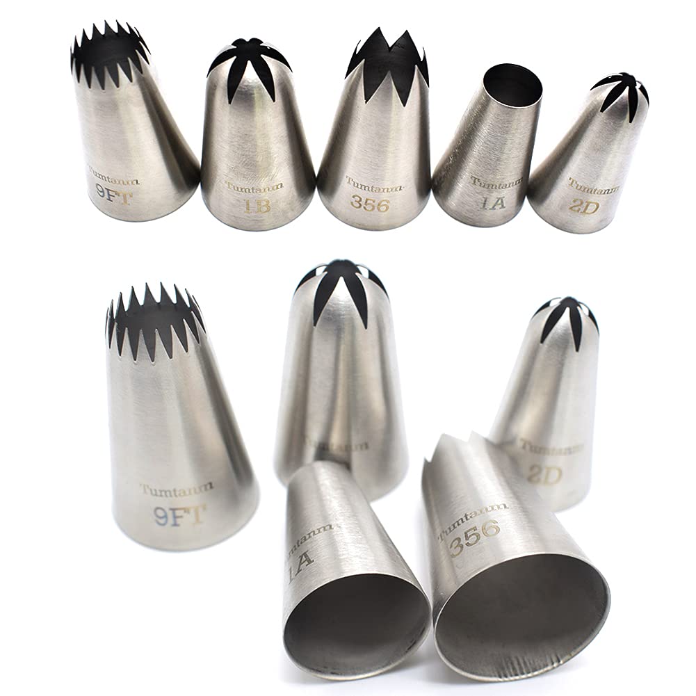 Tumtanm 9Ft 1B 356 1A 2D# Seamless Stainless Steel Piping Icing Tips, 5 Pack Extra Large Piping Nozzles Cupcake Decorating Kit