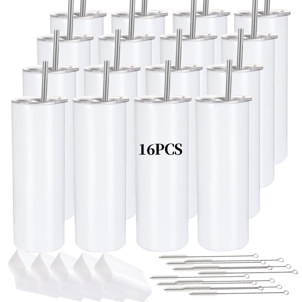 YOUKE OLA 16 Pack Sublimation Tumblers Straight Skinny Tumbler Blanks Bulk 20oz for Heat Transfer, Individual Gift Boxed, Double