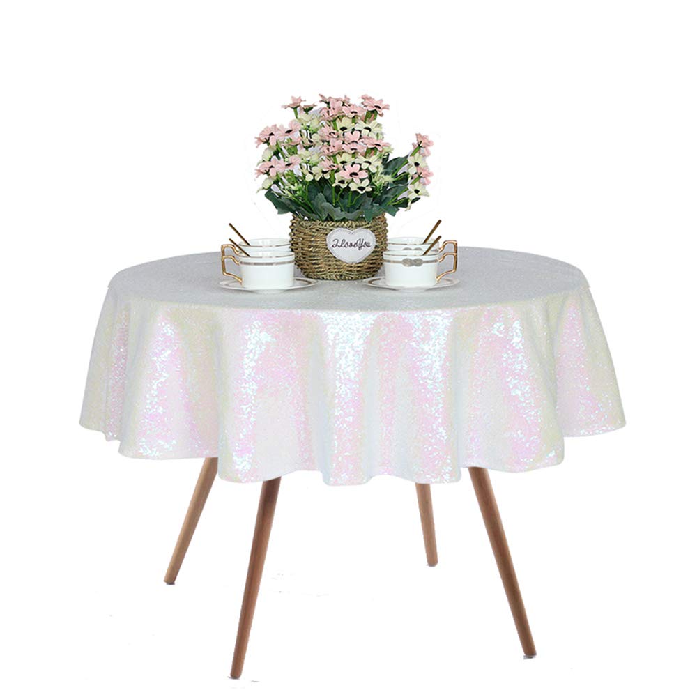 Jyflzq White Iridescent Sequin Tablecloth 50 Round Small Sparkly Drape Table Cloths Table Cover For Wedding Birthday Party Baby