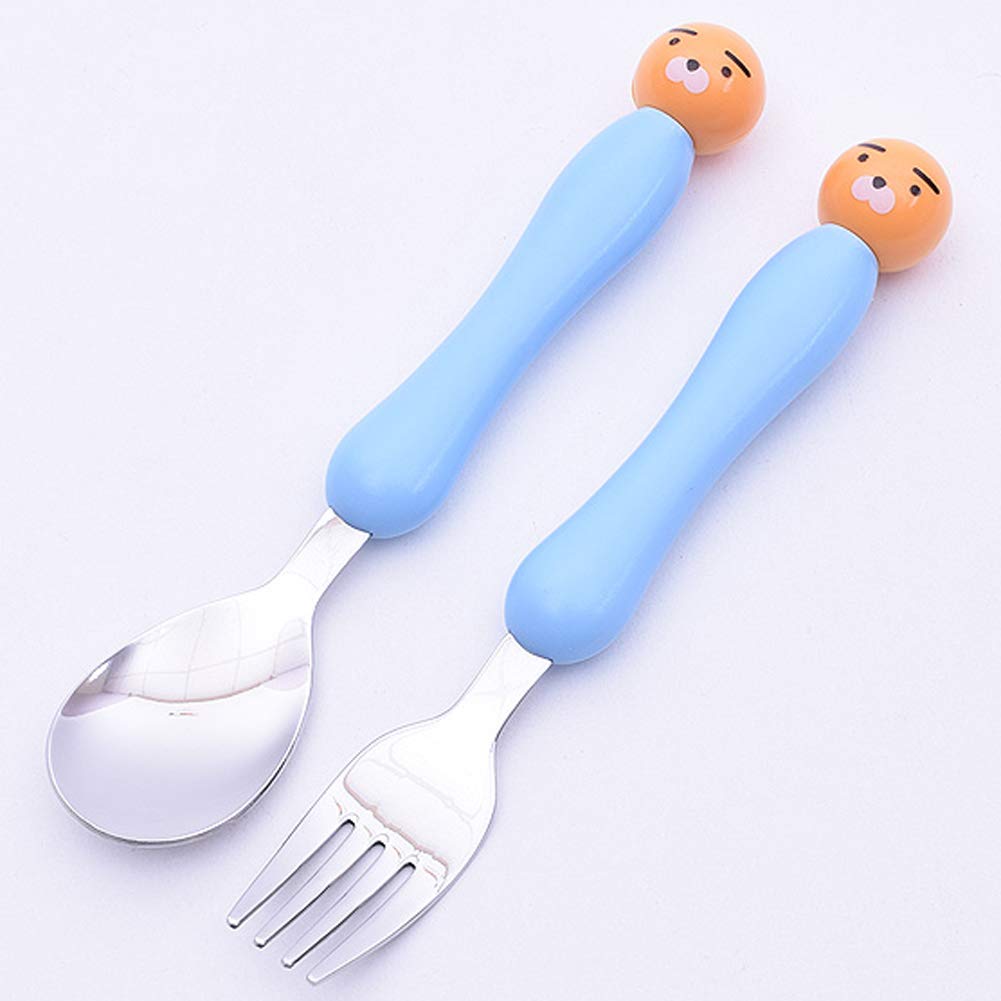 Kakao Friends - Cute Chracter Face All-in-one 304 Stainless Steel Spoon Fork Case Tableware Set for Kids, Blue (Ryan)