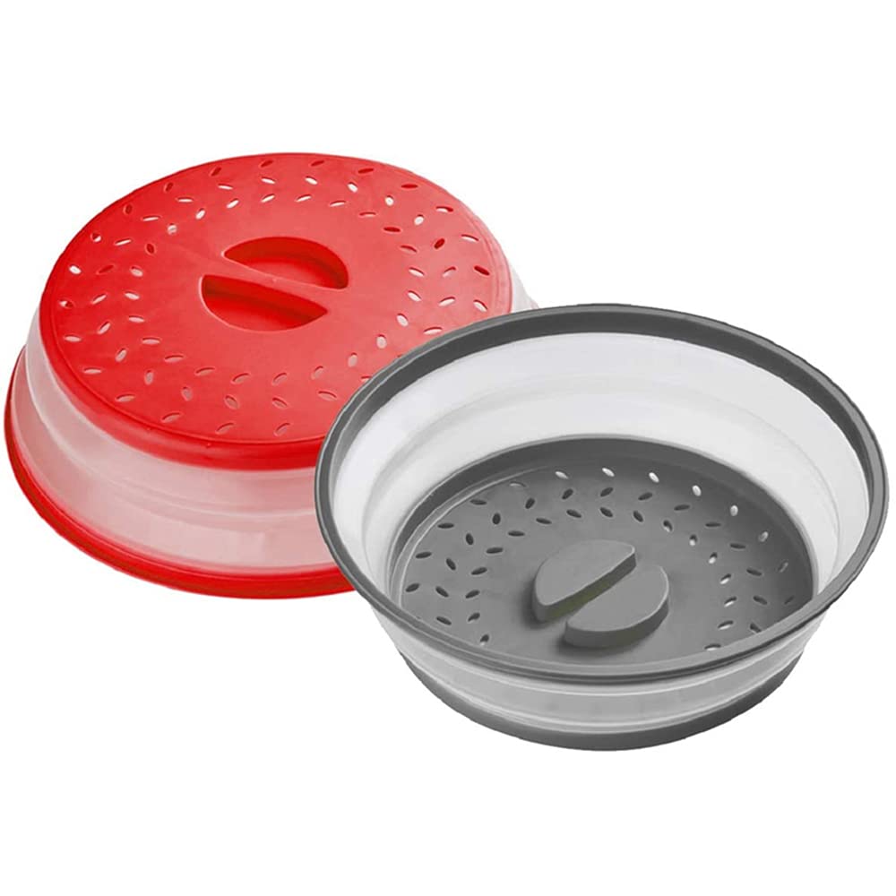 Collapsible Microwave Cover For Food Microwave Splatter Cover Fruit Drainer Bpa-Free Dishwasher Safe 10.5 Inch (Grey&Red