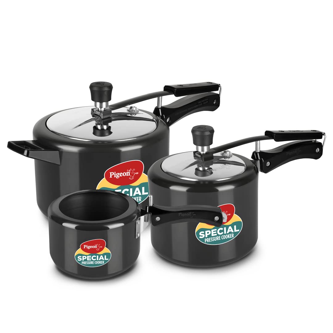 Pigeon By Stovekraft Aluminium Hard Anodized Pressure Cooker Combo With Induction Base Inner Lid - 2,3,5 Litre 14455 (Silver)