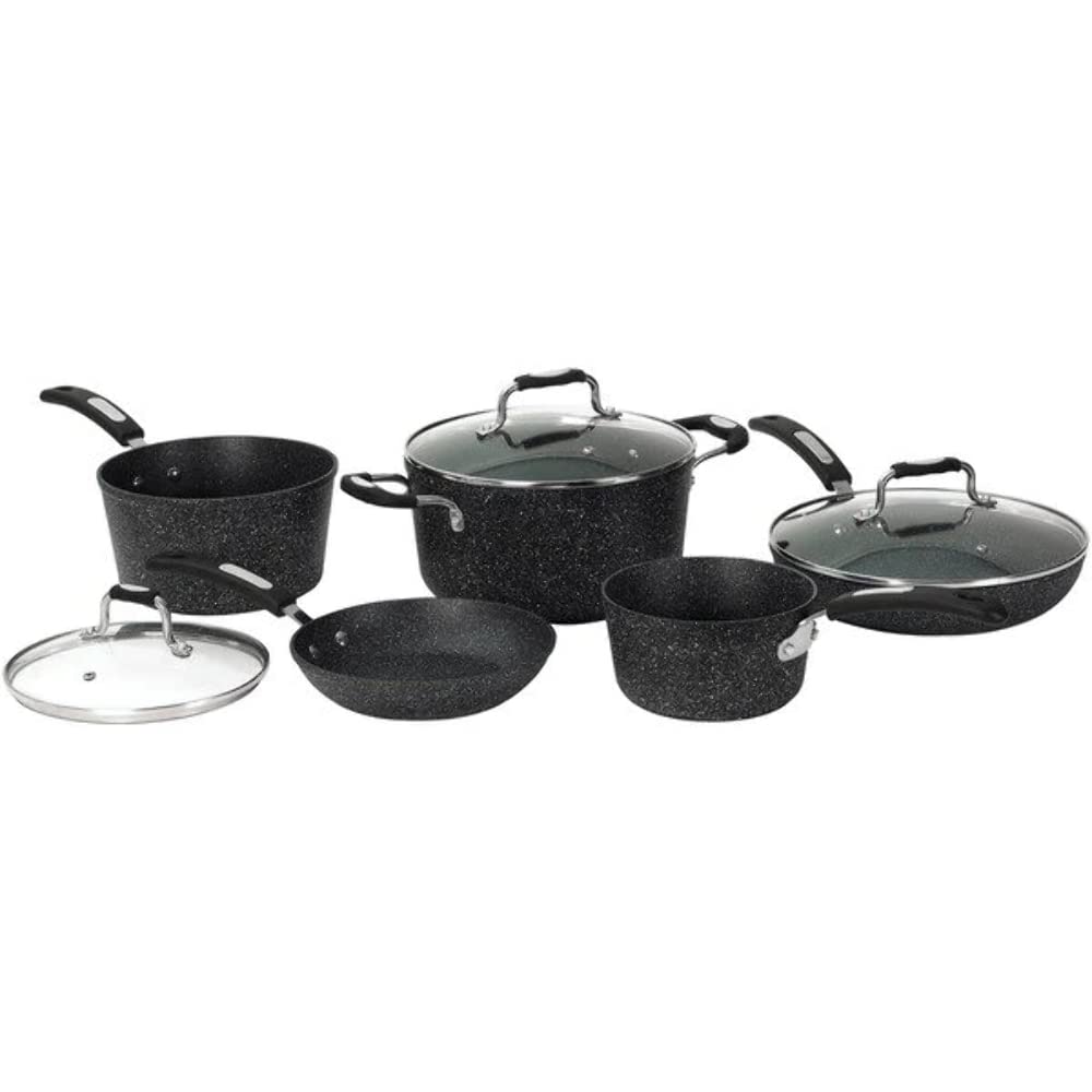 Starfrit The Rock 8PC Non-Stick Cookware set - Durable Forged Aluminum - Oven Safe - PFOA Free - Easy to Clean - Black