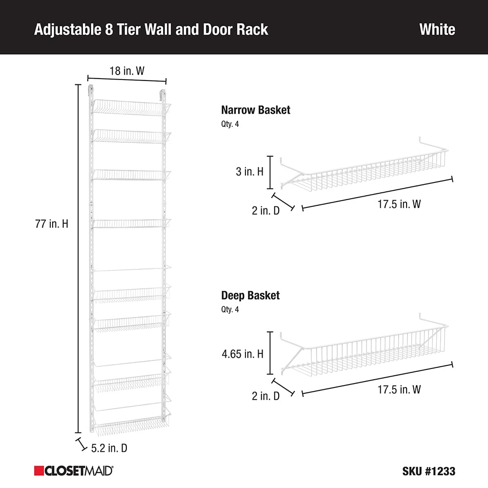 Closetmaid Adjustable Organizer Rack With Baskets Wall Or Over Door Mount, For Kitchen, Pantry, Utility Room, Closet, 18 In. W,