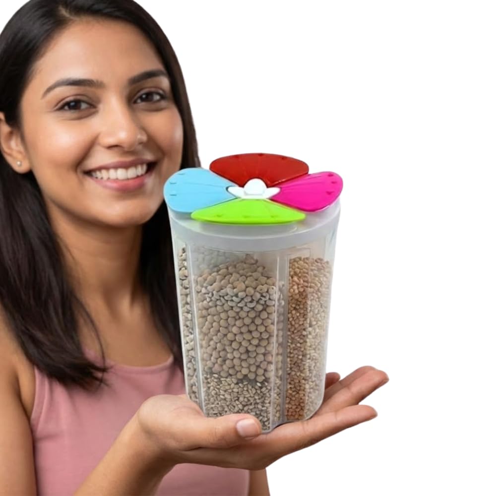 Drumstone (    4 Section Dry Food Storage Container 2500Ml, Multi Compartment Cereal And Snack Dispenser With Colourful Flower L