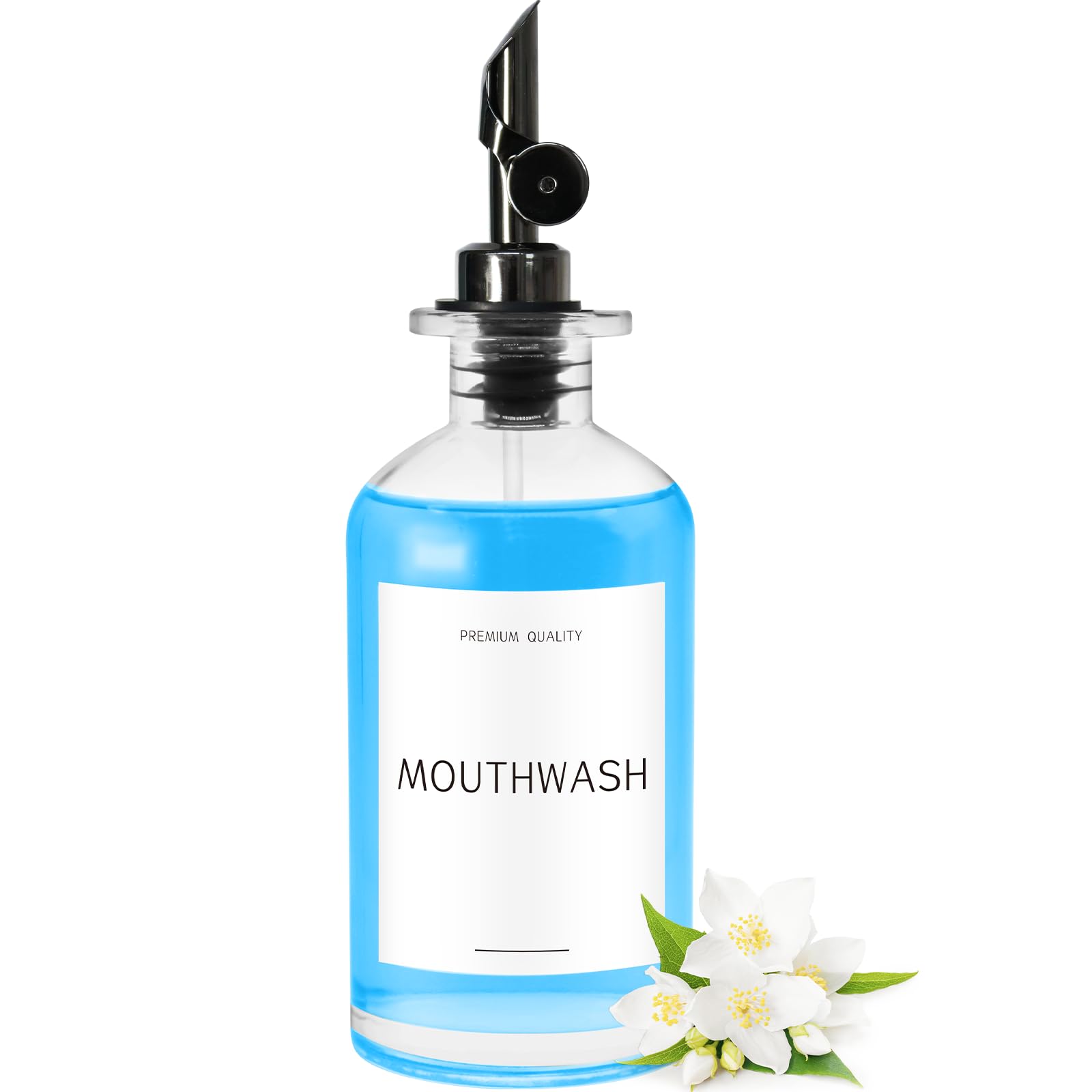 Mouthwash Dispenser For Bathroom, Clear Glass Mouth Wash Container With Stainless Steel Pour Spout, Refillable Mouthwash Bottle