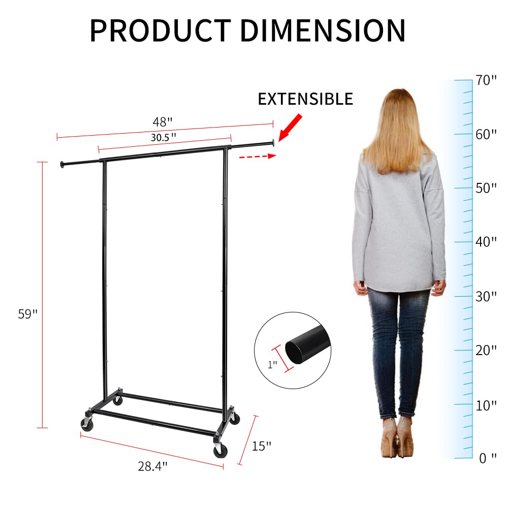 Fishat 59'' H Simple Portable Standard Black Rolling Clothing Garment Rack, Metal Freestanding Hanging Clothes Organizer With Lo