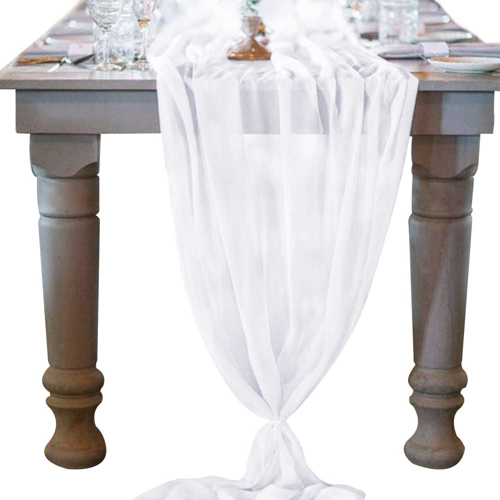 Socomi 10Ft White Chiffon Table Runner 29X120 Inches Wedding Runner Sheer Thanksgiving Christmas Bridal Shower Decorations