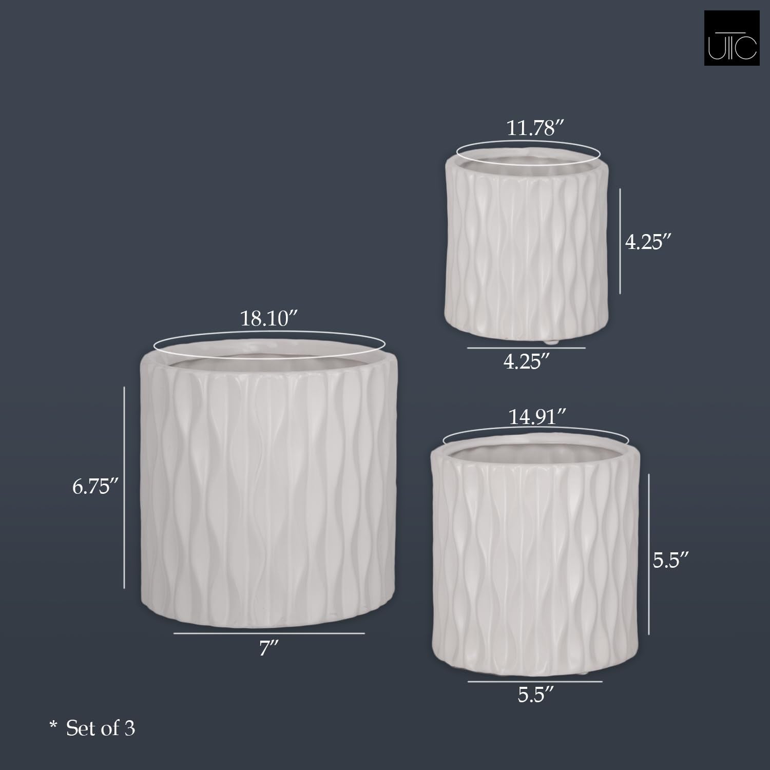 Ceramic Cylindrical Pot wth Wide Mouth and Embossed Wave Design Body Set of Three Matte Finish White