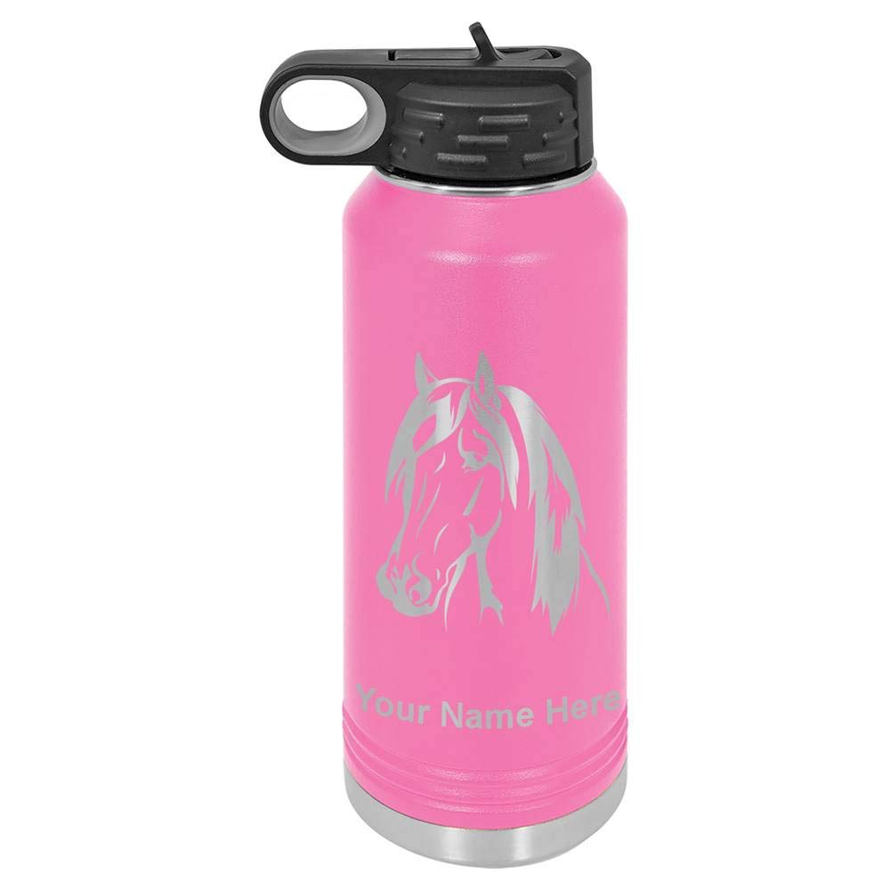 Lasergram Personalized Water Bottle, Horse Head 1, Stainless Steel Double Wall Vacuum Insulated With Flip Top Straw, Custom Engr