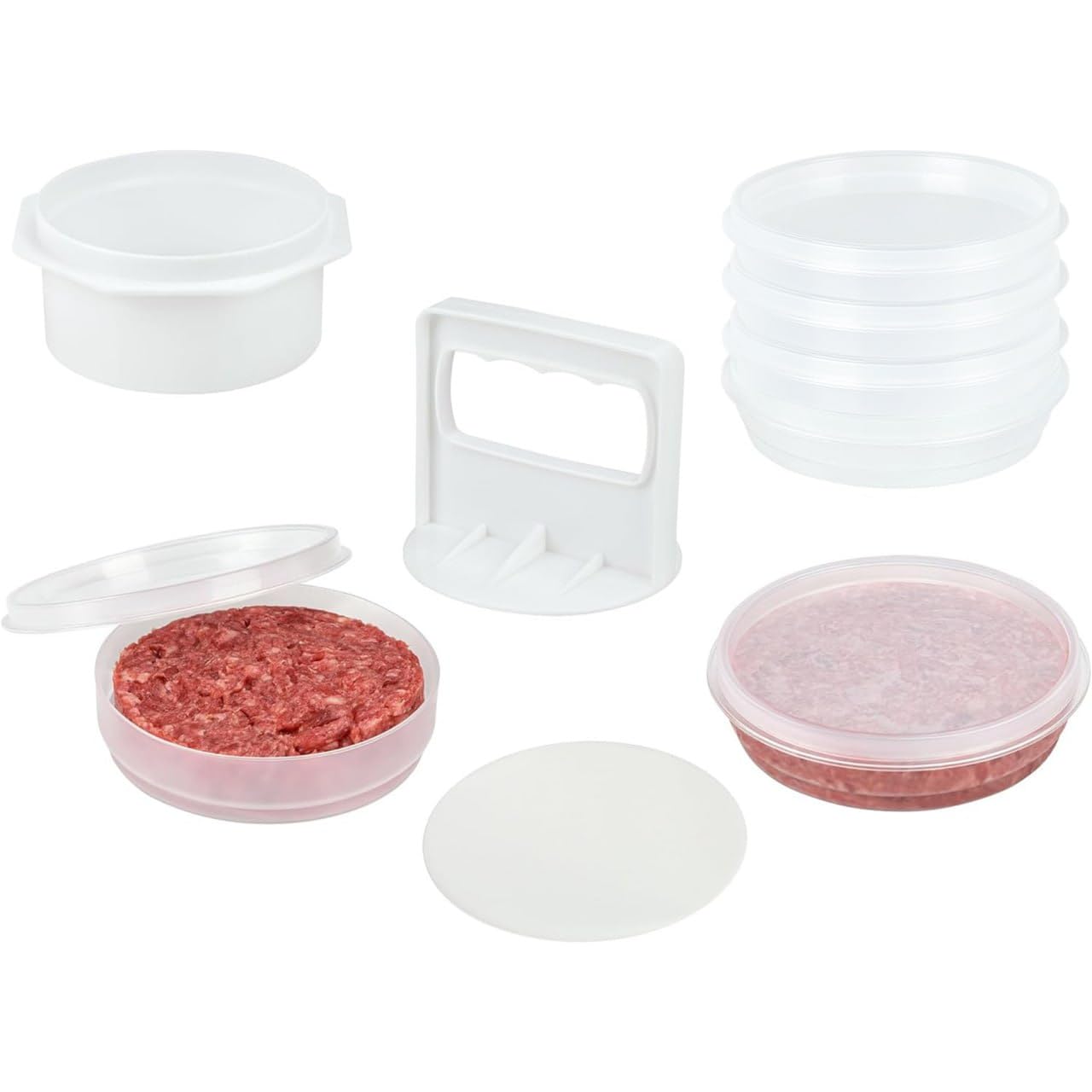 Hamburger Press Patty Maker - 4 In1, Burger Mold, Patty Press, 4 Storage Containers, 100 Patty Papers - Essential Hamburger Patt