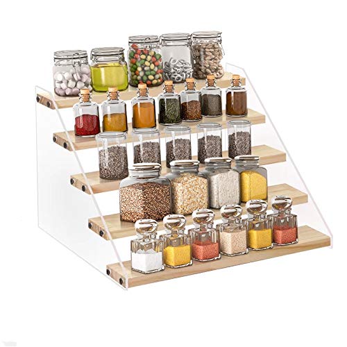 VAEHOLD Spice Rack Organizer for Cabinet & Countertop - Seasoning Organizer Spice Shelf - Space Saving Wooden Display Risers She