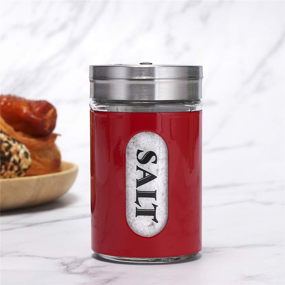 Salt And Pepper Shakers Stainless Steel And Glass Set With Adjustable Pour Holes (Red)
