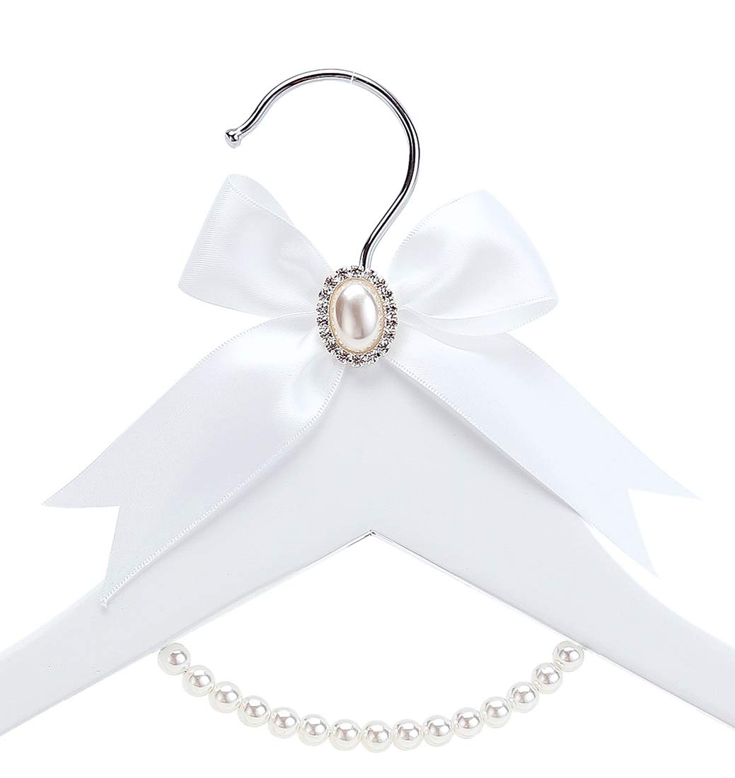Huidian White Solid Wood Bridal Dress Hanger With Lady Wire Lettering For Bridal Wedding Party Gift (Silver Thread And Pearl Cha