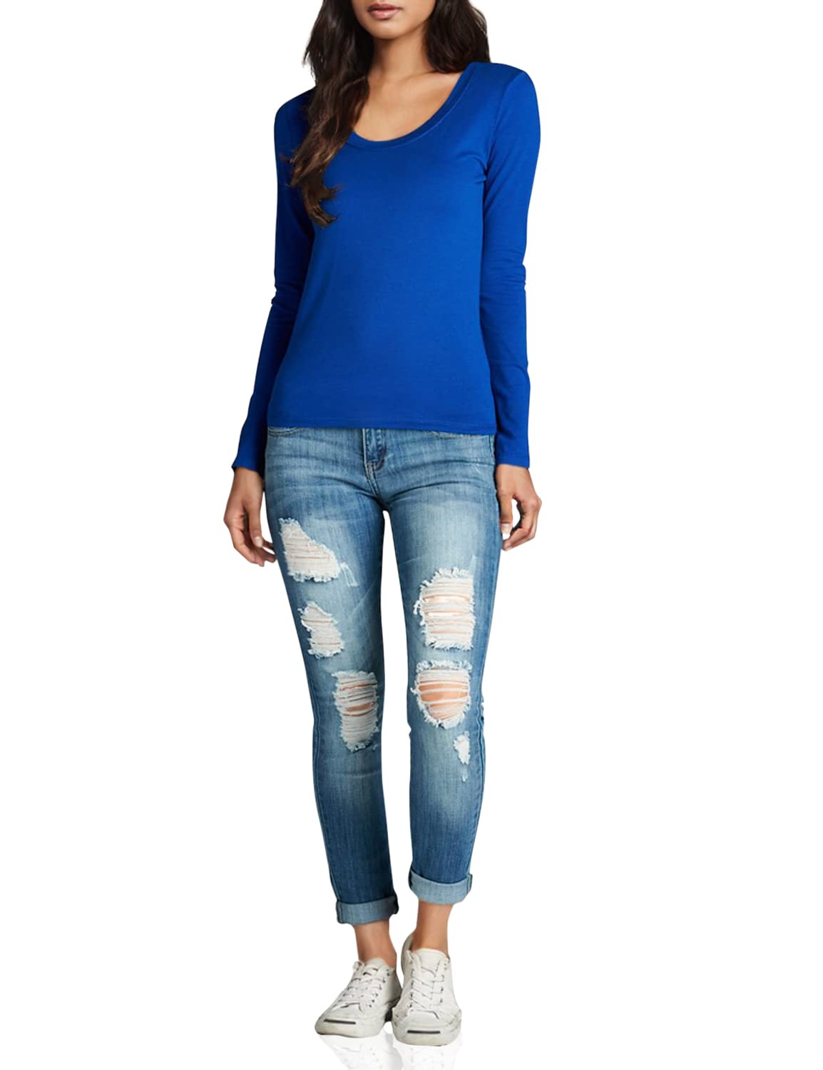 Emmalise Womens Junior And Plus Size Basic Scoop Neck Tshirt Long Sleeve Tee, Small, 3Pk White, Royal, Navy