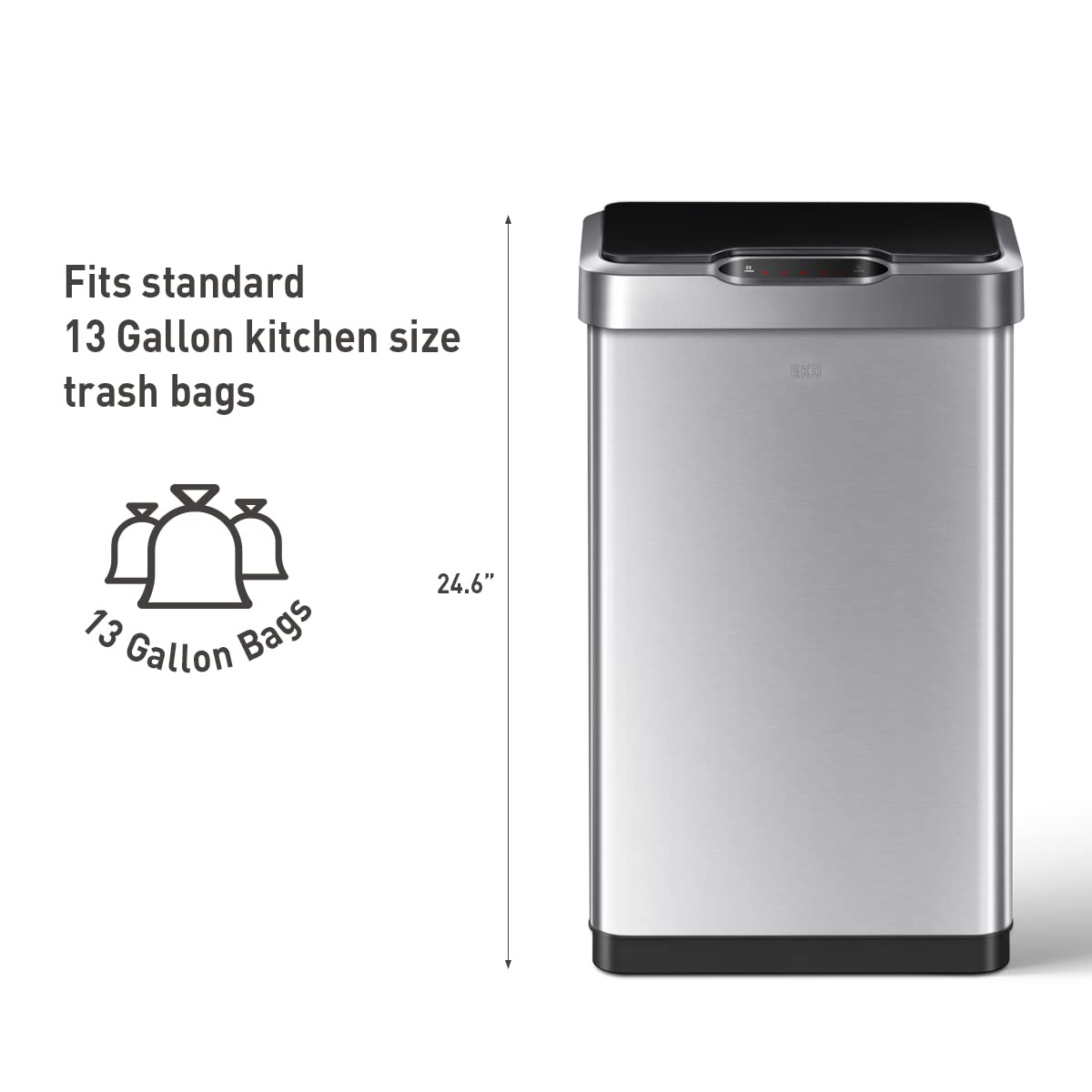 Eko Mirage-T 50 Liter / 13.2 Gallon Touchless Rectangular Motion Sensor Trash Can, Brushed Stainless Steel Finish