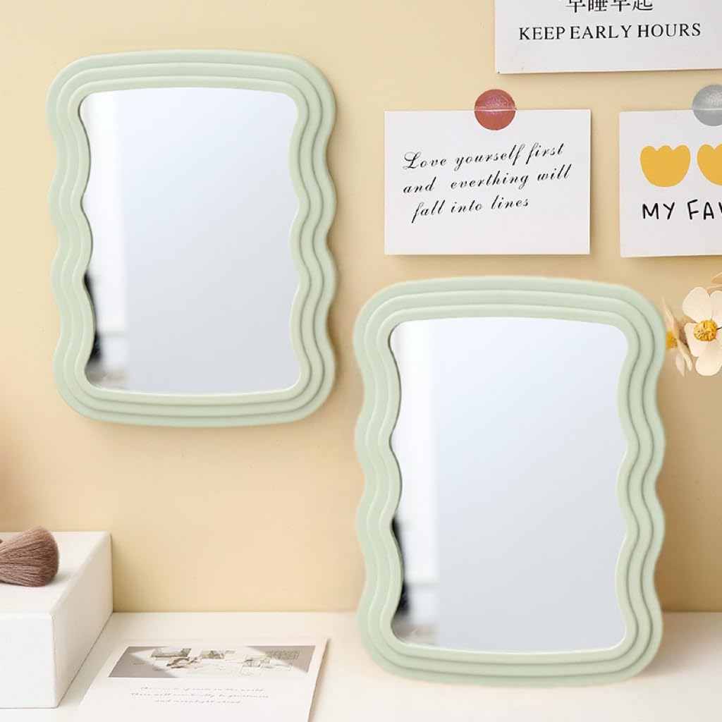 Kzhuim Green Wave Foldable Makeup Mirror - Minimalist Desktop Vanity Mirror, Eco-Chic Decor For Bathroom, Bedroom, Office (7.8X5