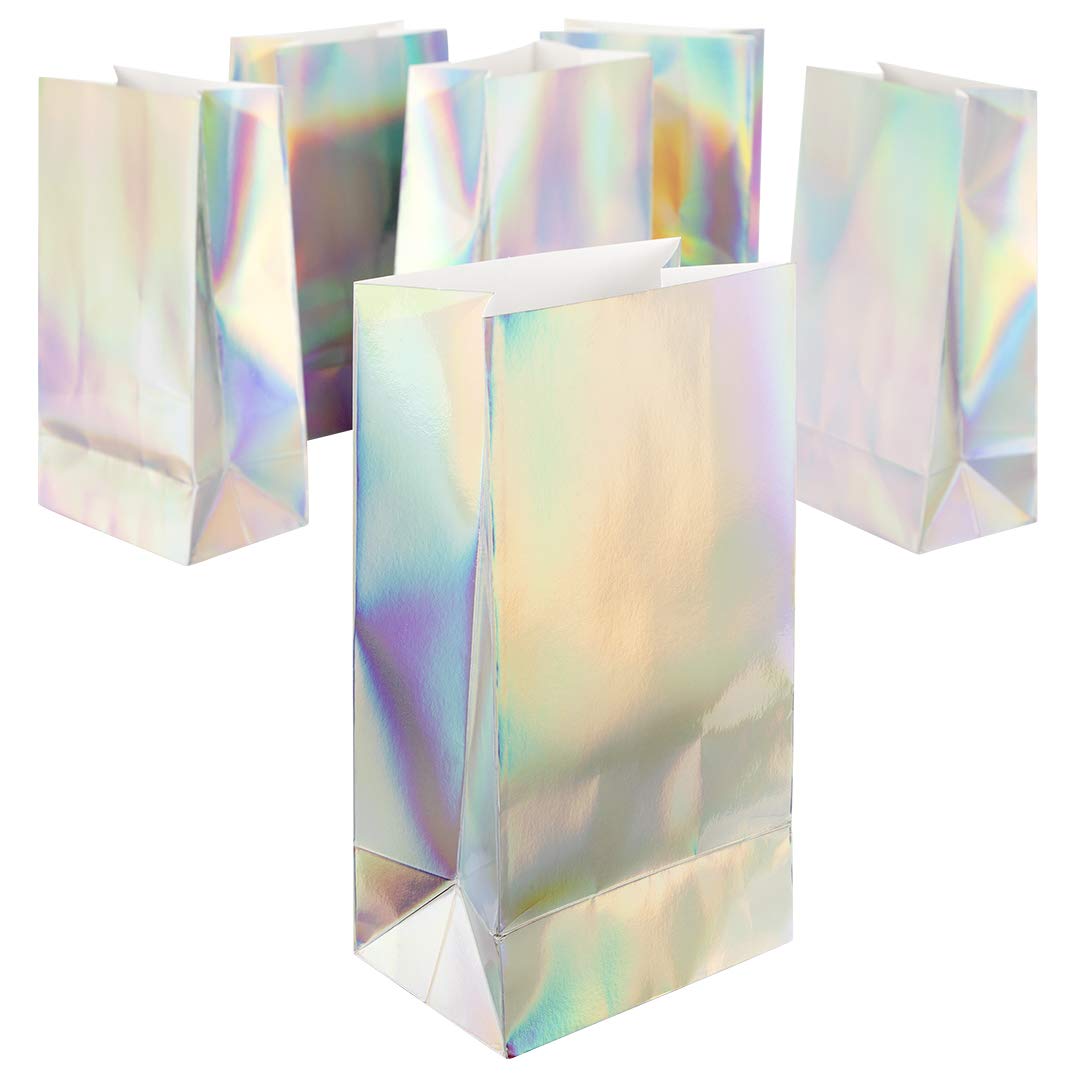 Andaz Press Iridescent Party Treat Bags, 25 Pack Holographic Silver Foil Party Gift Bags, 4.5 X 8.5 Inch Favor Bags, Party Favor